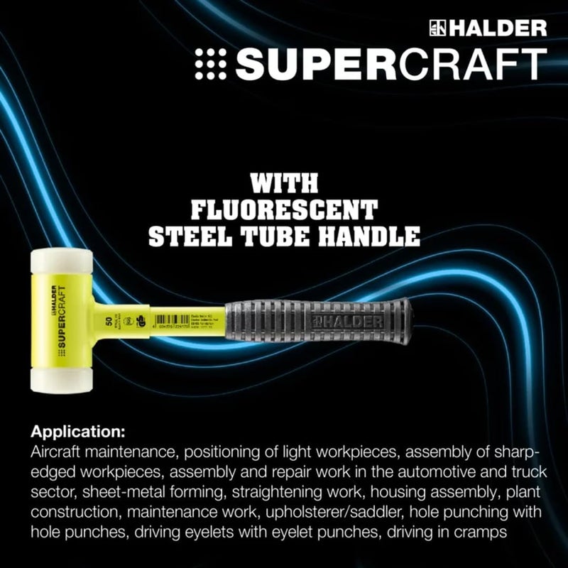Halder SuperCraft Hi-Viz Dead Blow Mallet 3377.140 - Non-Rebounding Mallet, Hard Nylon Inserts, Break-Proof Steel Tube Handle, Anti-Slip Grip, 40mm, 1.8 lbs. - Image 2